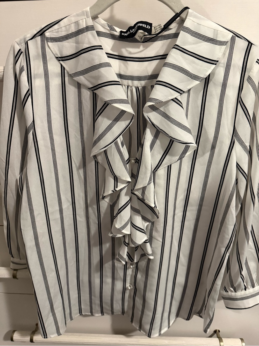 Karl Lagerfeld White and Black Striped Ruffle Blouse